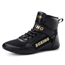 Zapatos de lucha de caña alta para hombres, botas profesionales de boxeo negras antideslizantes y duraderas para competencia con buen ajuste - Negro - Ver 3