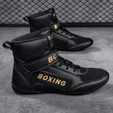 Zapatos de lucha de caña alta para hombres, botas profesionales de boxeo negras antideslizantes y duraderas para competencia con buen ajuste - Negro - Ver 2