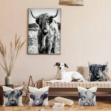 4pcs Highland Cow Pattern Pillow Case Decor Set - Western Style Decorative Pillows, Suitable For Home Sofa And Room Decor, Single-Sided Print, Pillow Insert Not Included - Dark Grey - View 4