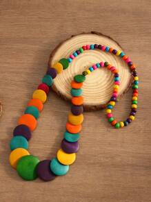 1pc Bohemian Style Handmade Beaded Wooden Slice Necklace, Suitable For Women For Daily Wear, Festivals, Gatherings - Wooden Chip Bead Necklace - View 7