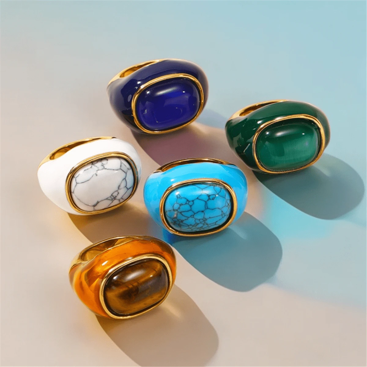 1 pieza Anillo de acero de titanio para mujer, diseño vintage audaz con incrustación de piedra natural, banda ancha de adecuada para uso diario