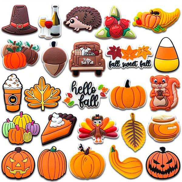 25pcs Autumn Shoe Charms For Clog Sandals Thanksgiving Halloween Fall Pumpkin Turkey Shoe Decoration DIY Accessories For Holiday Party Gifts