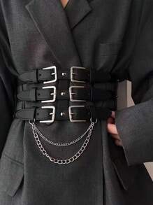 1 pieza Cinturón de estilo punk europeo y americano con cadena para mujer, banda decorativa para la cintura para vestidos y chaquetas, accesorio de entrenador de cintura de verano para damas, decoración de cadena gótica punk para vestido, cinturón negro de mujer para vestido, entrenador de cintura para adelgazamiento y control del abdomen