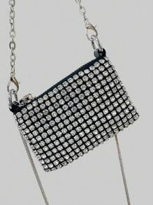 Bolso bandolera mini de mujer con cadena brillante, bolso de hombro tipo sobre con strass, bolso de mensajero con adorno de strass - Plateado - Ver 4