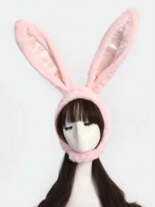 1pc Women's Solid Color Cute Cartoon Long Ear Rabbit Fluffy Hooded Hat, Warm Ear Protection Costume Prop, Autumn/Winter Halloween