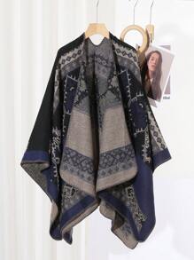 1pc Geometric Pattern Acrylic Hooded/Hoodless Cape Poncho, Fashionable Loose Fit Versatile Cloak For Spring, Summer, Autumn & Winter