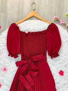 Pleated Midi Waist Elastex Dress - Burgundy - View 5