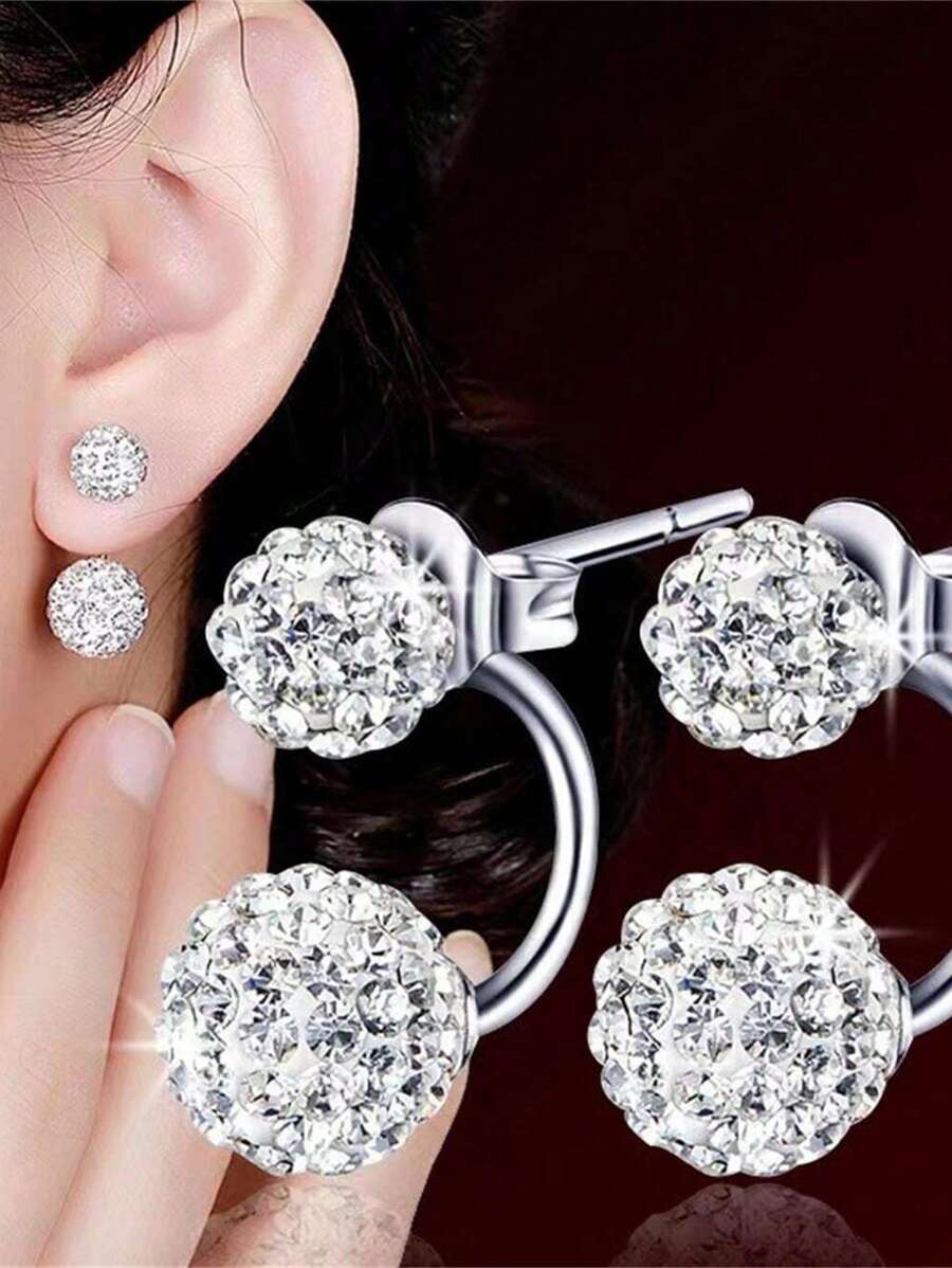 2pcs Shamballa Fully Paved Crystal Ball Drop Earrings, Suitable For Women Daily Wear - Silver - View 1