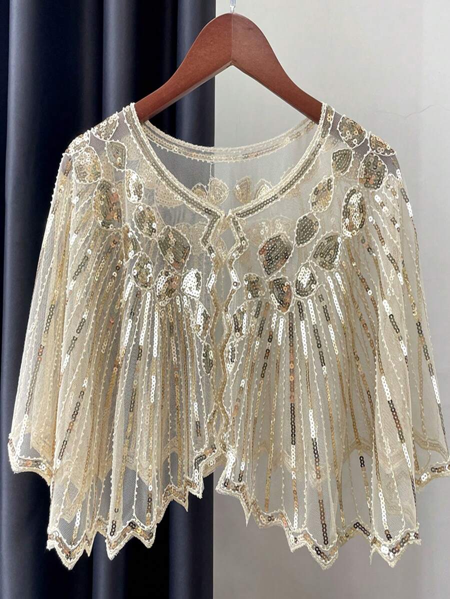 1920 年代复古朋克亮片披肩串珠弹力短披肩和透气网眼覆盖优雅女士连衣裙配饰 - 彩色 - 查看 1
