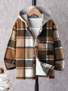 Tween Boys Casual Simple Plaid Outdoor Jacket, Autumn - Brown - View 1