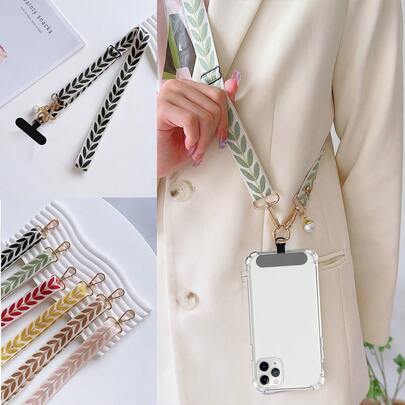 Colgante De Correa Para Móvil Con Hoja, Collar De Nylon Ajustable Para El Cuello Con Colgante De Perlas Falsas Y Cubierta Ancha De La Correa Del Hombro De Tela