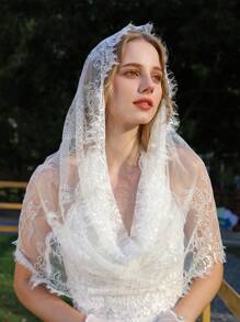 1 件新娘蕾丝面纱头巾披肩，镂空设计女士秋季服装 - 白色 - 查看 2