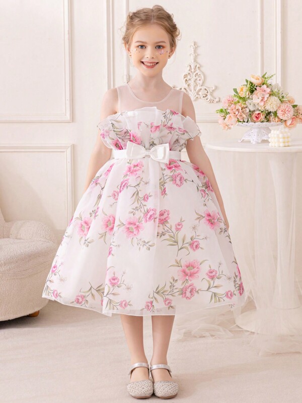 Girls'  Sweet Princess Style Dress With Printed Flowers, Suitable For Parties, Shows, Performances, Daily Wear, Festivals, Parades, Birthday Parties, Stage Performances And Music Concerts