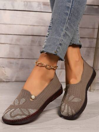 女士休闲透气针织一脚蹬运动鞋，软底袜子鞋，舒适运动鞋