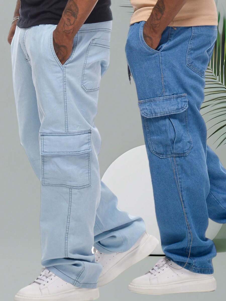 Kit 2 Men's Light And Medium Denim Cargo Pants - Rửa nhẹ - Xem 1