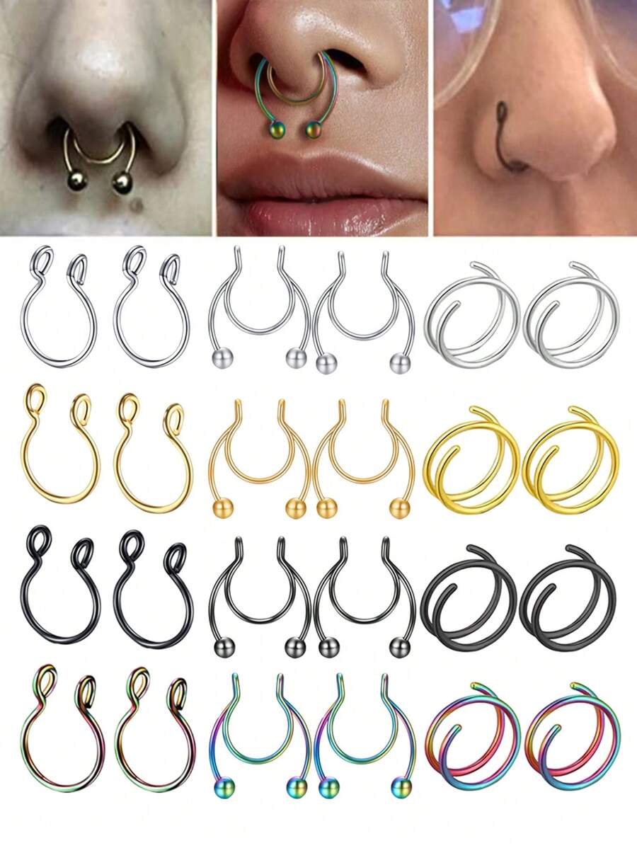 6pcs Fake Nose Ring Fake Septum Fake Septum Piercing Fake Nose Piercing Fake Nose Hoop Faux Septum Nose Rings Clip On Nose Rings , Septum Jewelry - Fake Pierced Nose Clip - View 1