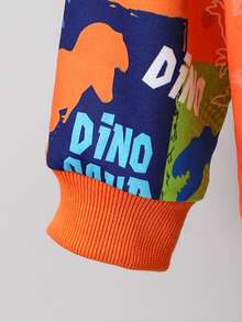Conjunto de 2 unidades / conjunto de camiseta de manga comprida com estampa de dinossauro para meninos adolescentes e jovens e detalhes de bolso - Laranja - Ver 4