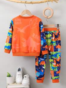 Conjunto de 2 unidades / conjunto de camiseta de manga comprida com estampa de dinossauro para meninos adolescentes e jovens e detalhes de bolso - Laranja - Ver 2