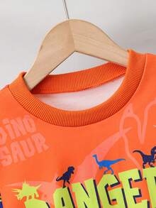 Conjunto de 2 unidades / conjunto de camiseta de manga comprida com estampa de dinossauro para meninos adolescentes e jovens e detalhes de bolso - Laranja - Ver 3