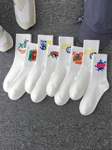10pairs Random Black-And-White Teenagers Boy's Street Style Casual Sporty Graffiti Mid-Calf Socks