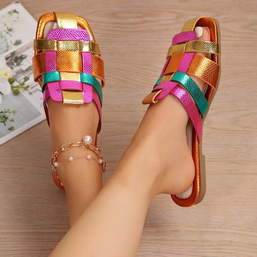 Stylish And Comfortable Colorblocked Square Toe Sandals For Women - Flat Bottomed Woven Hollow Toe Half Slippers - 橘色 - 查看 1