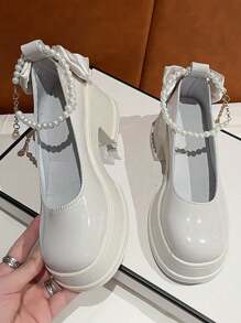 Zapatos De Plataforma De Tacón Alto Con Cadenas De Perlas Sintéticas, Cómodos Y Elegantes Para Adolescentes,Tacones altos Mary Jane, nuevos llegadas para primavera y otoño, estilo francés retro, tacones gruesos, sandalias blancas con hebilla de suela gruesa de PU, zapatos elegantes para niñas adolescentes - Blanco - Ver 3