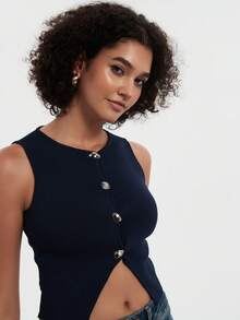 女士时尚修身优雅圆领无袖针织背心短款上衣 - 藏蓝色 - 查看 4