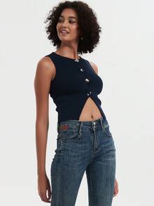 女士时尚修身优雅圆领无袖针织背心短款上衣 - 藏蓝色 - 查看 5