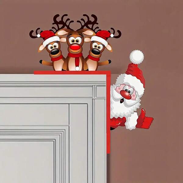 1pc Santa Claus & Reindeer Wooden Door Hanging Decoration,Christmas