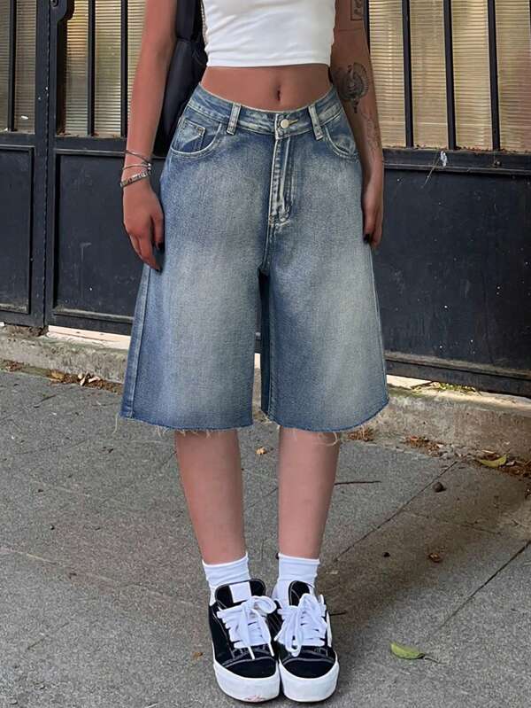 Y2K Vintage Slant Pocket Fringe Hem Wide Leg Bermuda Jeans Denim Jorts Casual Shorts