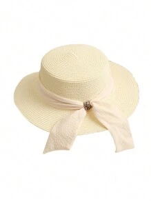 1 buc. Pălărie de soare în stil boho, elegantă, de culoare solidă, cu decorațiuni cu fundă, versatilă pentru femei