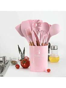 Set 12 espatulas utensilios de cocina de silicona con mango de madera - Rosa - Ver 1