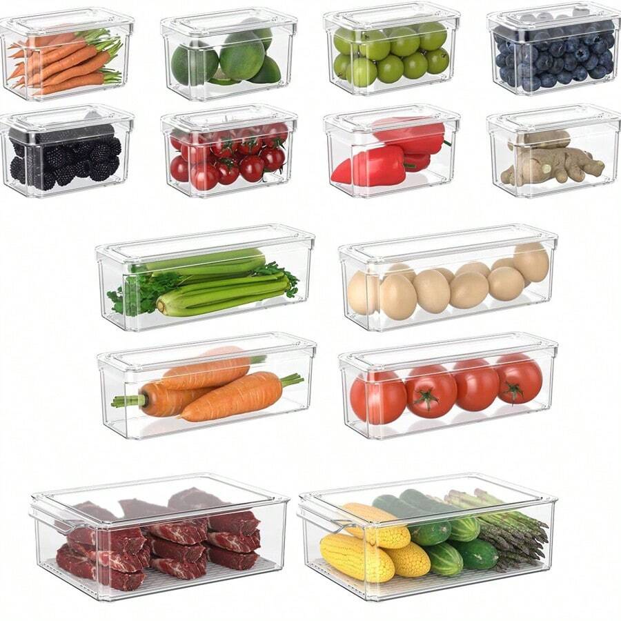 1 pieza Caja de almacenamiento para refrigerador con tapa, organizador transparente de refrigerador para verduras, frutas y talla grande