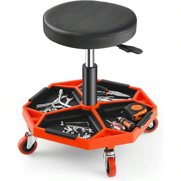 Werkplaatskruk 41-56 cm in hoogte verstelbaar, rolkruk met gereedschapsbak en 4 universele wielen, functionele werkkruk voor garage, reparatiewerkplaats, max. 150 kg