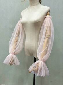 1pc White Mesh Puff Sleeve Midi Length Bride Decorative Sleeve Cuff With Elastic Ruched - Multicolor - View 9