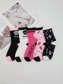 4/5/10 Pairs Women's Mid-Calf Socks, Spring/Summer, Cuffed, Allover Cherry/Fruit Print, Pink Cute & Sweet, Romantic Elegant Cartoon Bone Letter Happy Socks, Soft Breathable Everyday Wear, Fashion Casual Street Sporty Hiking Basketball Yoga Knee High Socks, Suitable For Halloween, Back To School, Fall - Multicolor - View 3