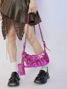 DareSee 2025年夏季，新款抽绳女包时尚水桶包铆钉摩托车包三件套宽肩带斜挎包音乐节Y2K节返校季秋季圣诞节冬季圣诞礼物 - 粉色 - 查看 10