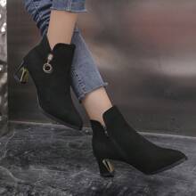 Toamnă și iarnă, îngroșate, la modă și elegante, accesorii din metal negru, cizme cu diamante, toc bloc metalic, versatile, tocuri înalte, botine cu toc mediu - Negru - Vizualizare 2