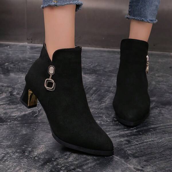 Autumn And Winter, Thickened, Fashionable And Elegant, Black Metal Accessories, Diamond-Encrusted Boots, Metallic Block Heel, Versatile, High Heels, Medium Heel Ankle Boots