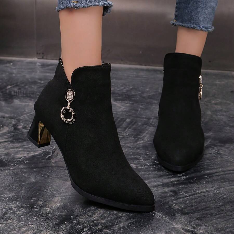 Toamnă și iarnă, îngroșate, la modă și elegante, accesorii din metal negru, cizme cu diamante, toc bloc metalic, versatile, tocuri înalte, botine cu toc mediu - Negru - Vizualizare 1