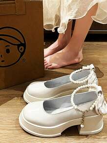 Zapatos De Plataforma De Tacón Alto Con Cadenas De Perlas Sintéticas, Cómodos Y Elegantes Para Adolescentes,Tacones altos Mary Jane, nuevos llegadas para primavera y otoño, estilo francés retro, tacones gruesos, sandalias blancas con hebilla de suela gruesa de PU, zapatos elegantes para niñas adolescentes - Blanco - Ver 7