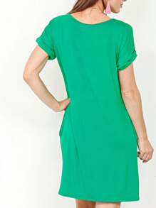Boho Retro Rayon Cool Soft Summer Cuff Short Sleeve Crew Neck T Shirt Mini Dress Tunic With Pockets - 綠色 - 查看 2