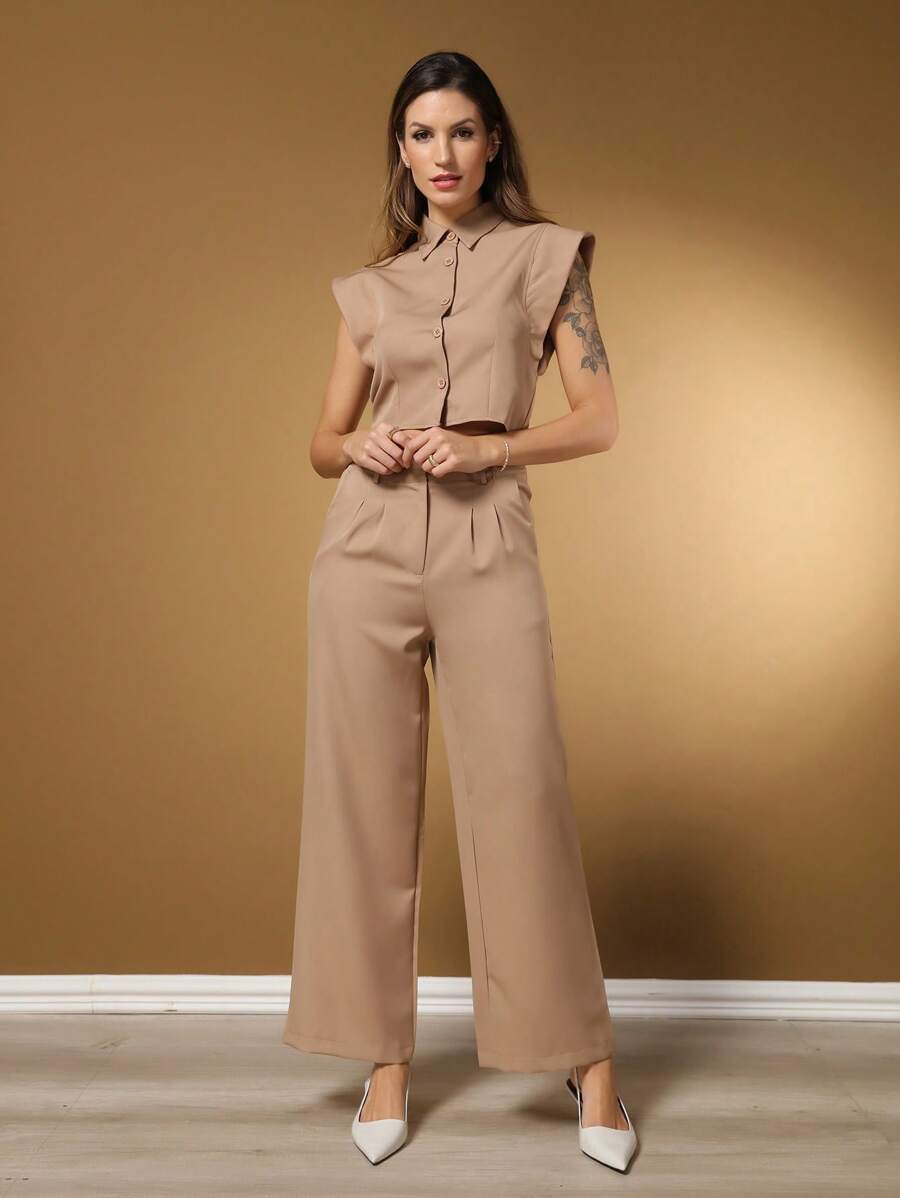 Monochromatic And Simple Tailoring Set For An Elegant Style - 卡其色 - 查看 1
