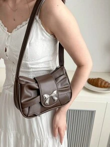 Ruched Cloud Solid Color Bow Accent Casual Shoulder Bag, Perfect Valentine's Day Gift For Her, Best Valentine's Gift Choice Ever - Brown - View 3
