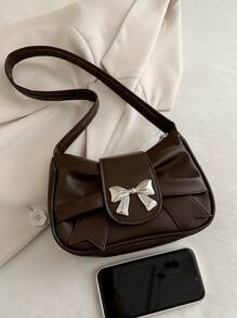 Ruched Cloud Solid Color Bow Accent Casual Shoulder Bag, Perfect Valentine's Day Gift For Her, Best Valentine's Gift Choice Ever - Brown - View 7
