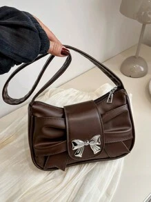 Ruched Cloud Solid Color Bow Accent Casual Shoulder Bag, Perfect Valentine's Day Gift For Her, Best Valentine's Gift Choice Ever - Brown - View 4