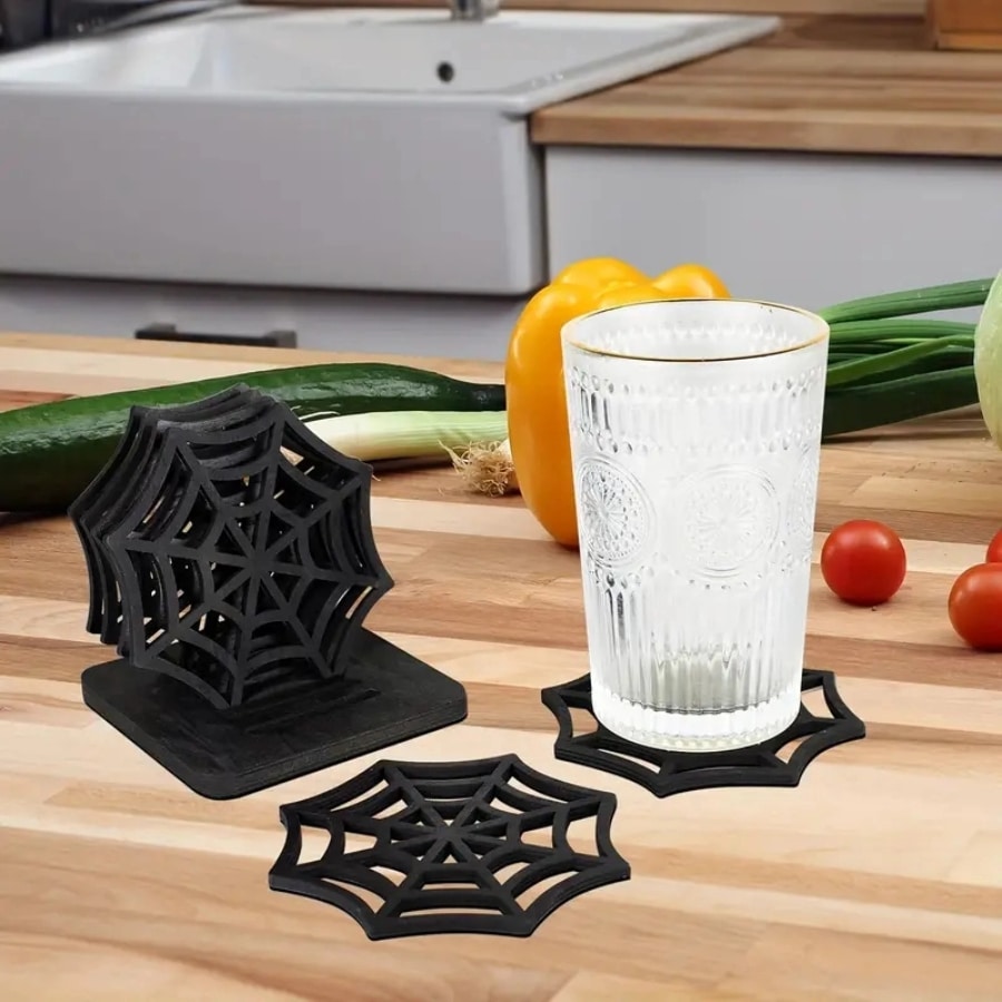 1pc Halloween Spider Web Hollow Wood Coaster, Kitchen Heat Insulation Pad, Tabletop Decor Cutout Coaster For Party And Dining Table