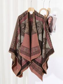 1pc Geometric Pattern Acrylic Hooded/Hoodless Cape Poncho, Fashionable Loose Fit Versatile Cloak For Spring, Summer, Autumn & Winter