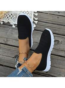 1 双女士休闲网眼针织平底鞋，透气步行运动鞋 - 黑色 - 查看 5