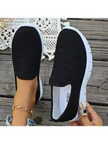 1 双女士休闲网眼针织平底鞋，透气步行运动鞋 - 黑色 - 查看 7